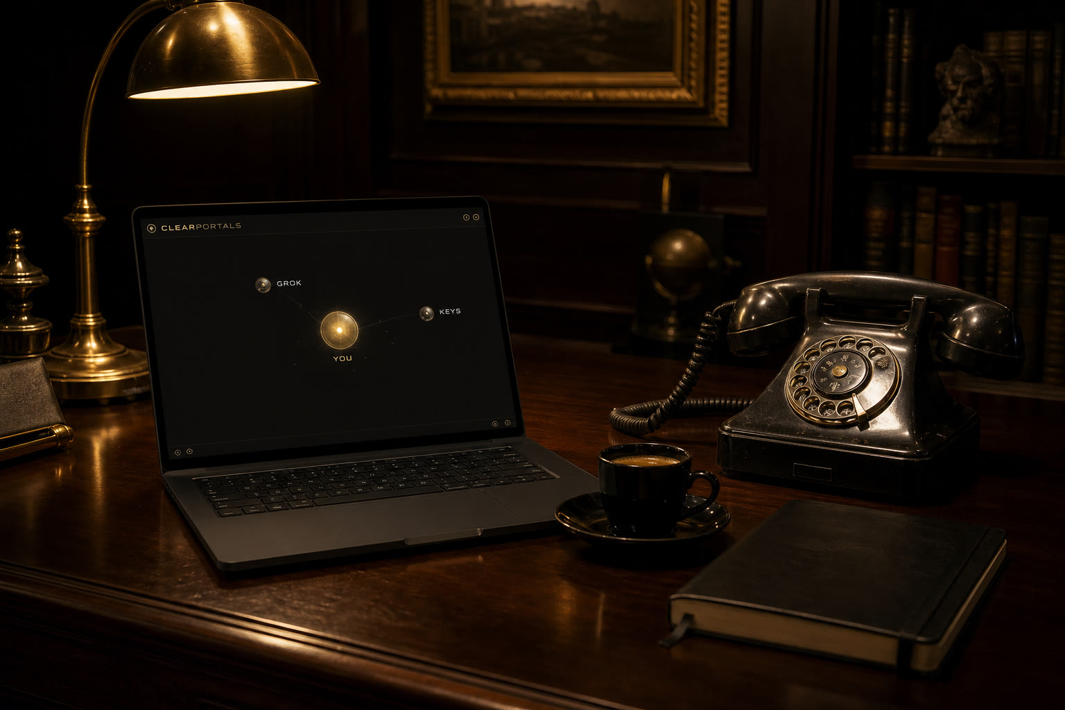 Laptop on a dark executive desk showing the ClearPortals map